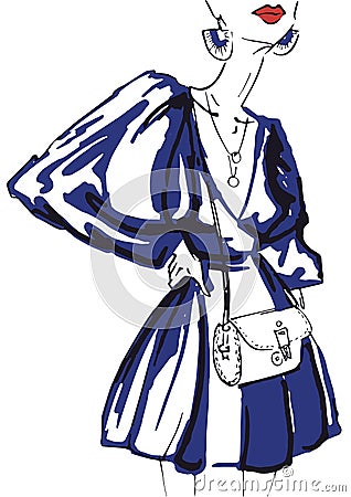 Fashion sketch of woman in blue dress and with red lips Stock Photo